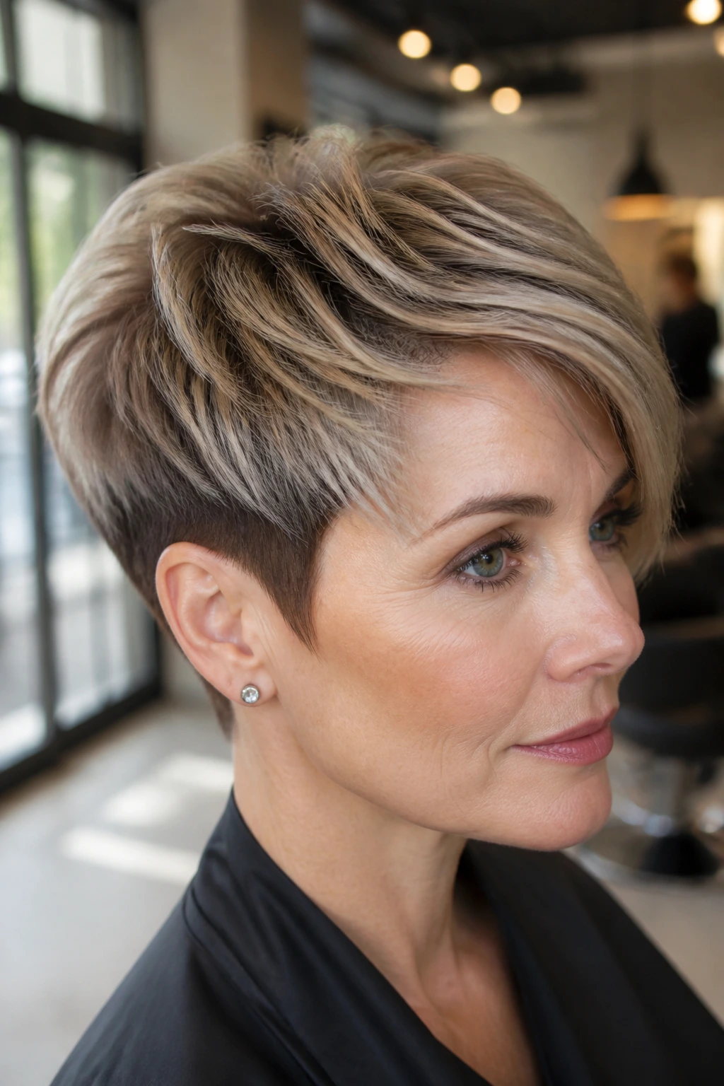 Close-up portrait of a real woman with a tapered cut and smoke-toned highlights