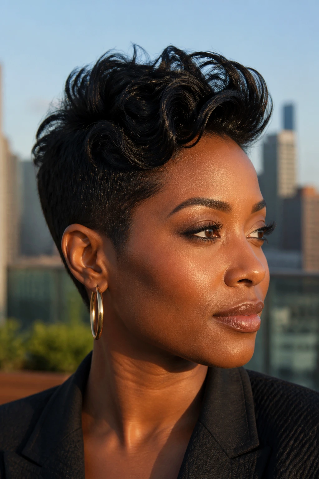 Close-up of a real woman with a tapered cut and lifted top waves on a rooftop terrace