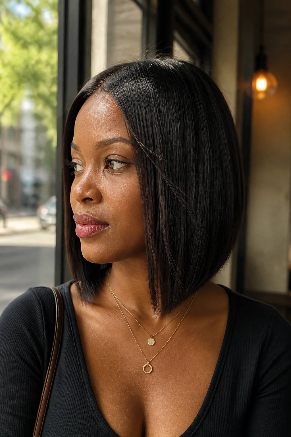 Close-up portrait of a real woman with a tapered-end lob in natural daylight