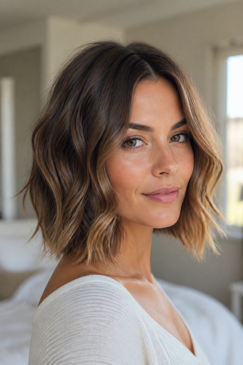 Close-up of a real woman with a tapered end wavy bob in soft morning light