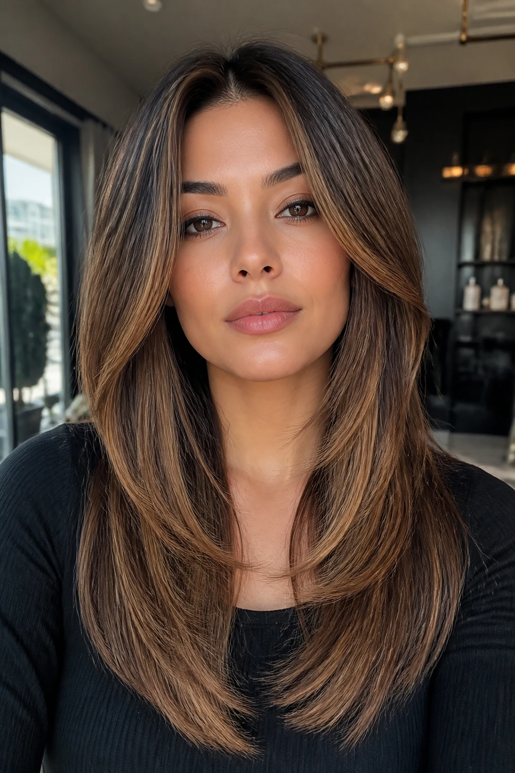 Close-up of tapered ends with caramel contour on a real woman