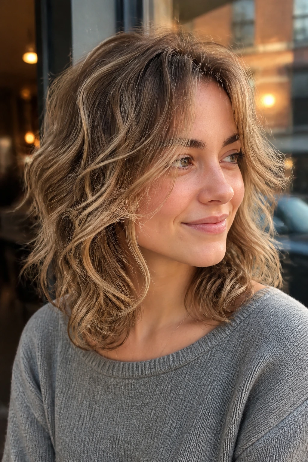 Close-up of a woman with tapered ends and light crown layers