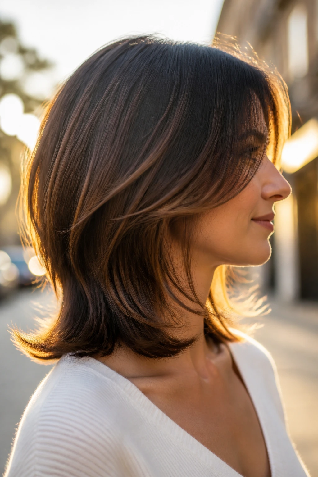 Portrait of a real woman with tapered ends and a soft flip.