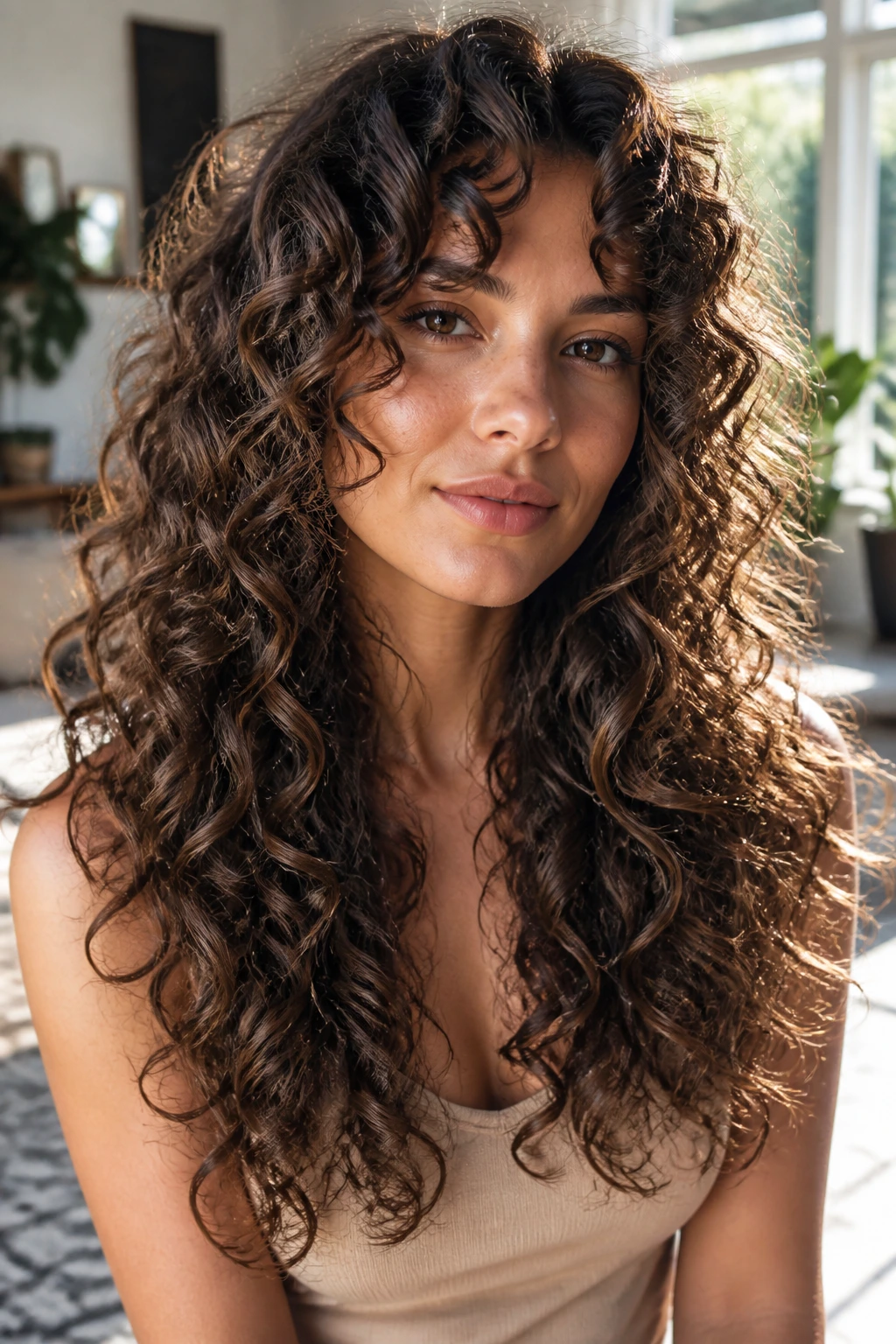 Close-up of a woman with tapered ends and floating layers in curly hair