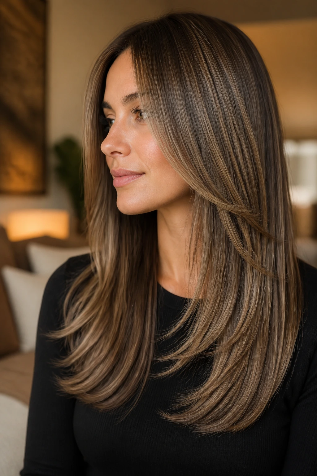 Close-up portrait of tapered ends with a glossy finish hairstyle on a real woman