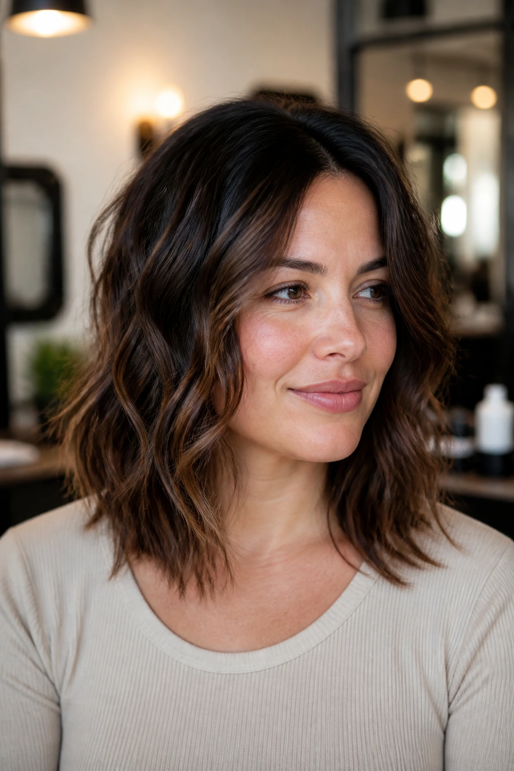 Portrait of a real person with tapered hair ends in a medium wave cut