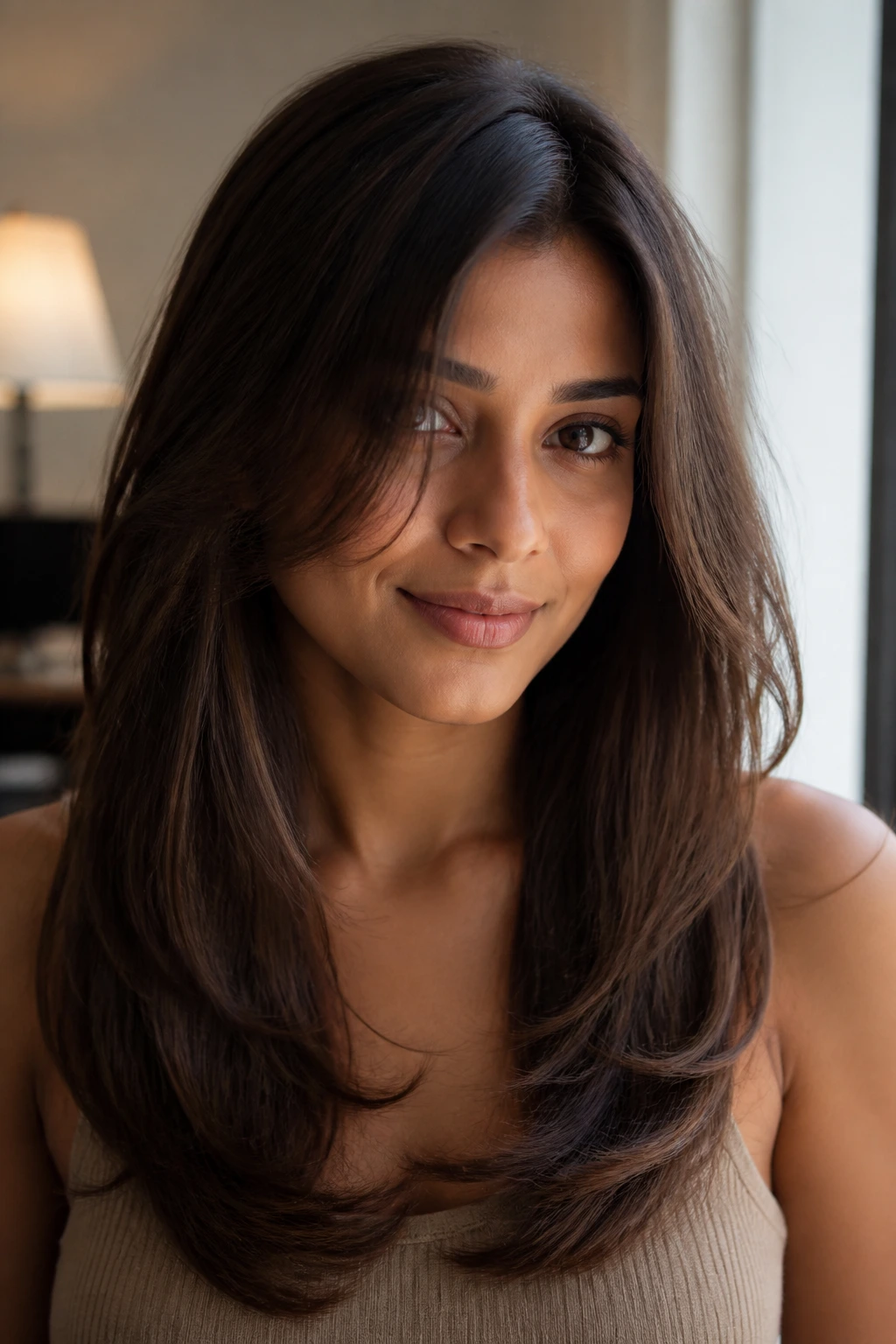 Close-up of tapered hair with rounded ends framing the face