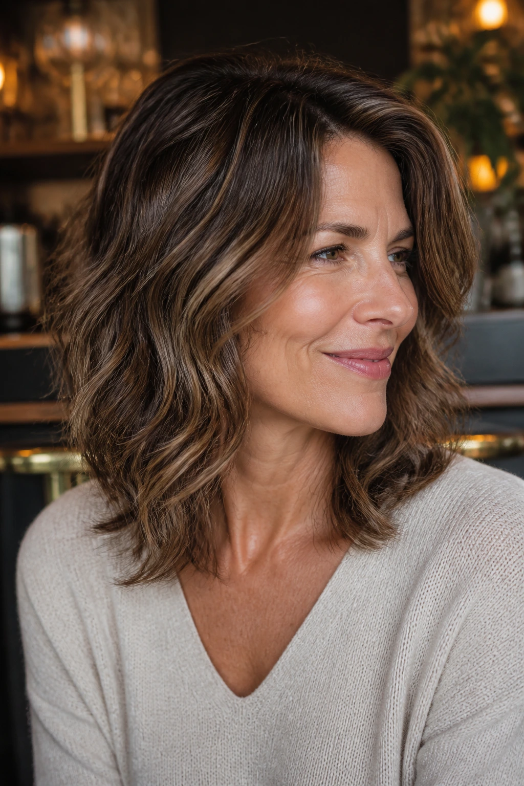 Close-up of a real woman with tapered ends midlength haircut
