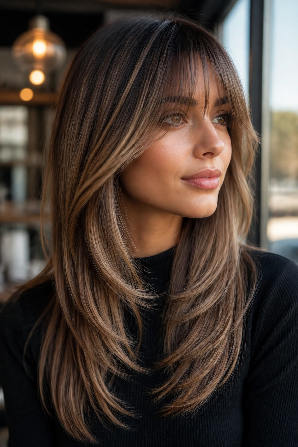 Close-up of a real person with tapered ends and ribbon highlights in a salon