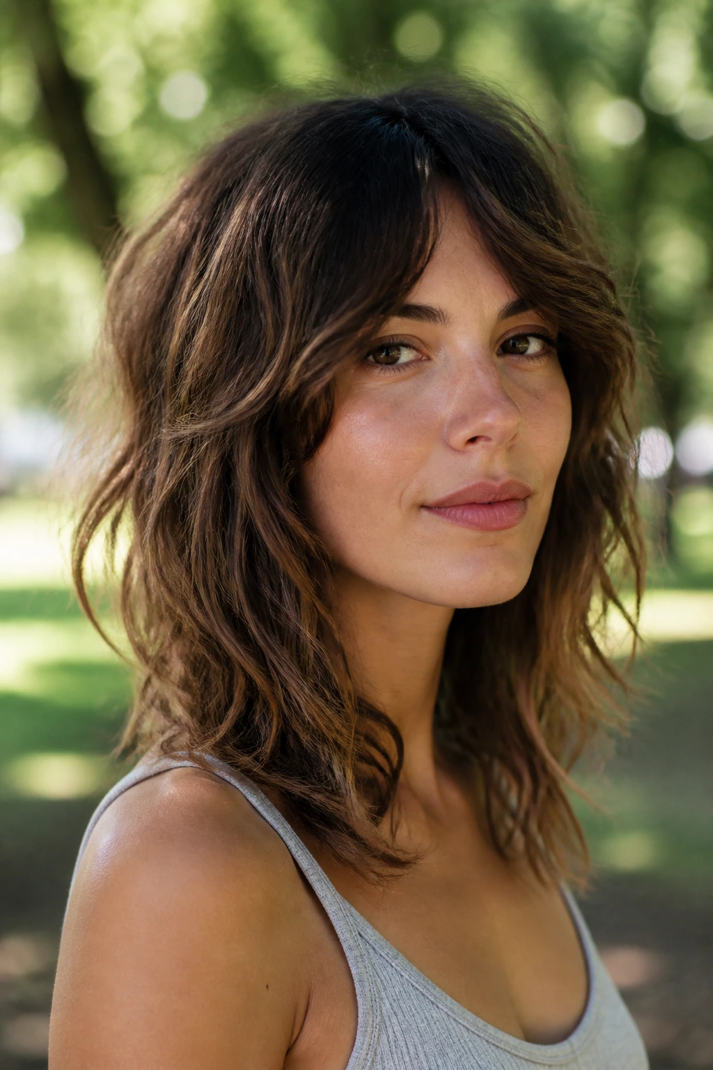 Portrait of a woman with tapered ends shag and soft waves outdoors.