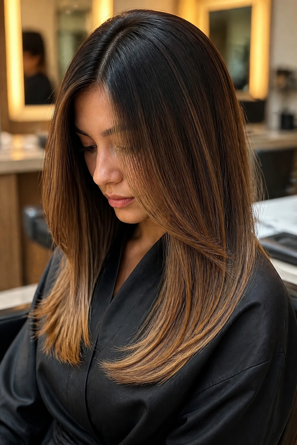 Close-up of a real person with tapered ends on straight hair and caramel highlights.