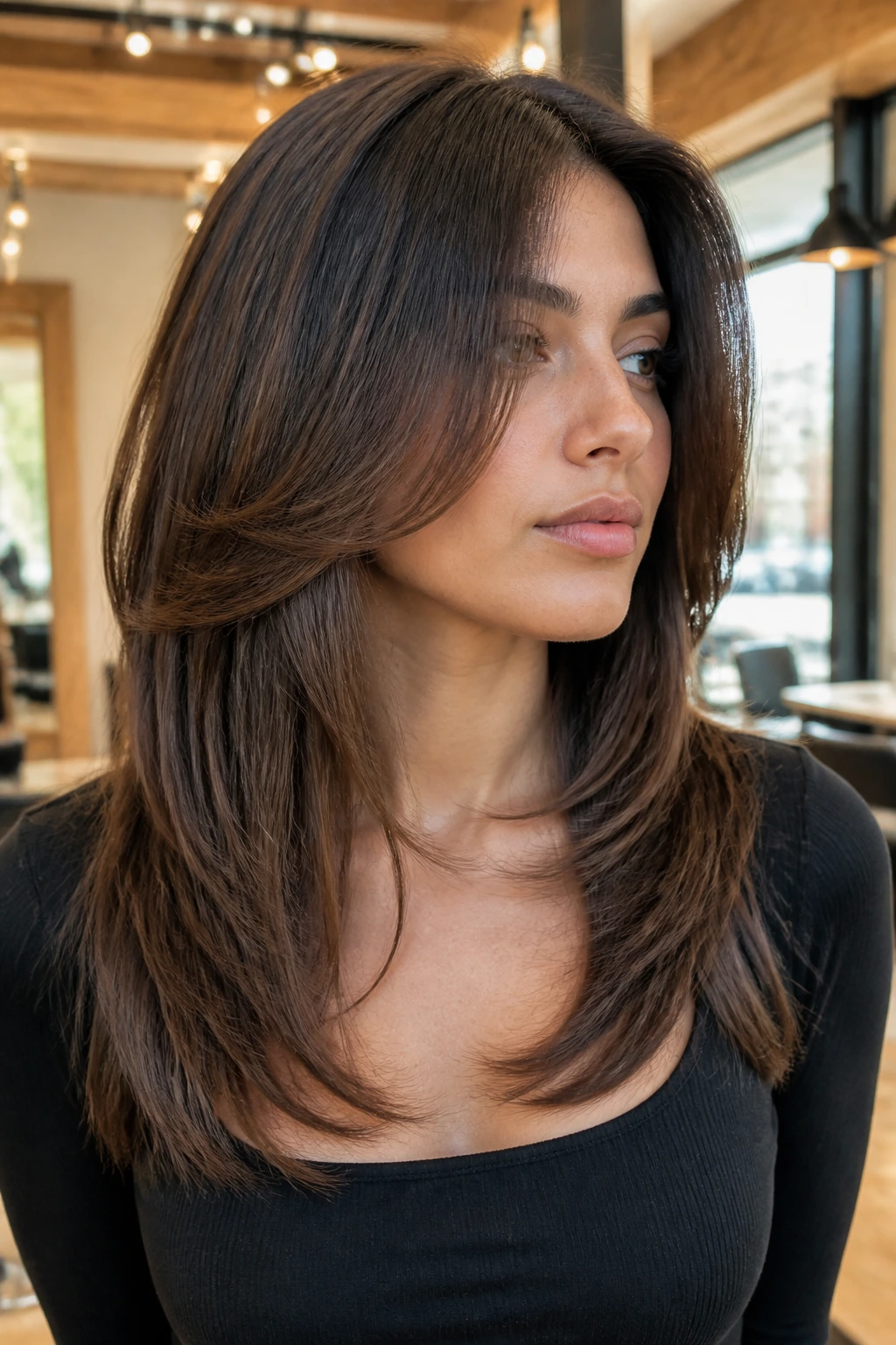 Close-up of thick-haired person showing tapered ends at the bottom for a sleek finish.
