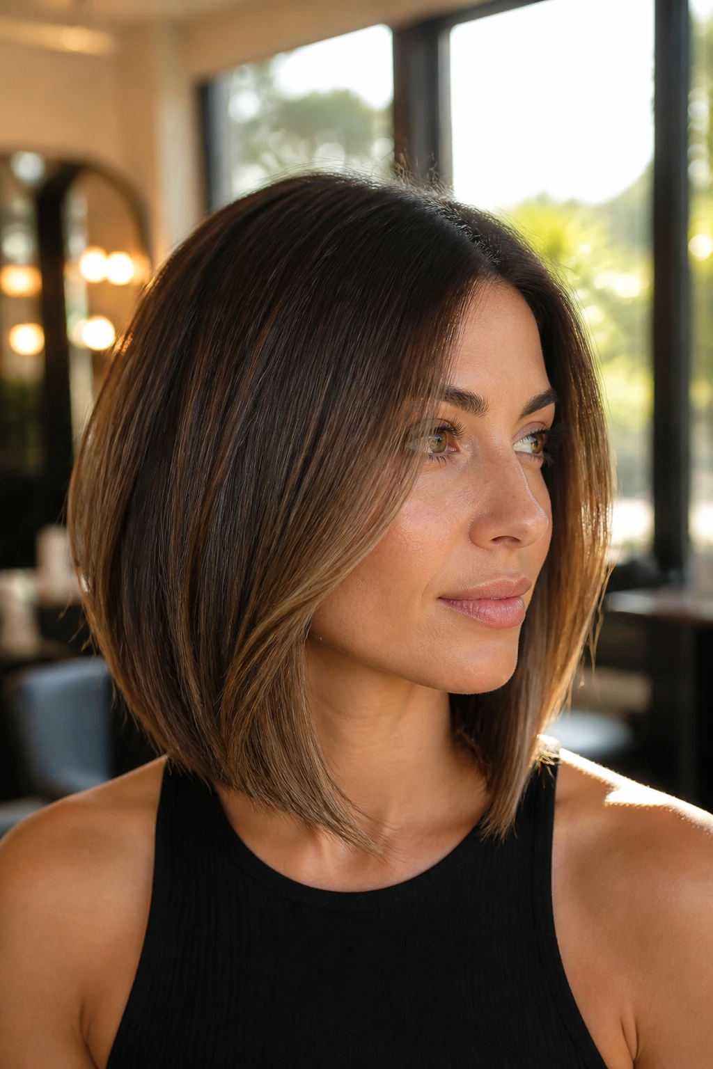 Close-up of a real person with a tapered face-frame lob showing cheekbone-start front pieces and diagonal collarbone taper.