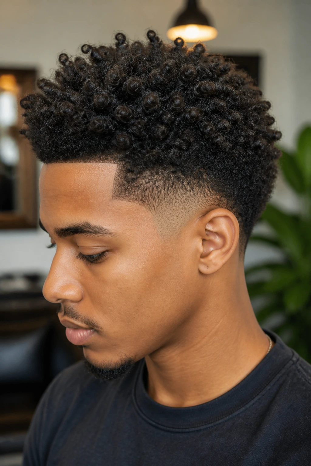 Profile close-up of a person with a tapered fade and defined coils
