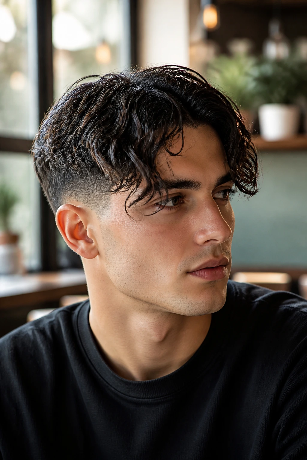 Close-up portrait of a real person with tapered fade sides and long front curtains in a bright cafe
