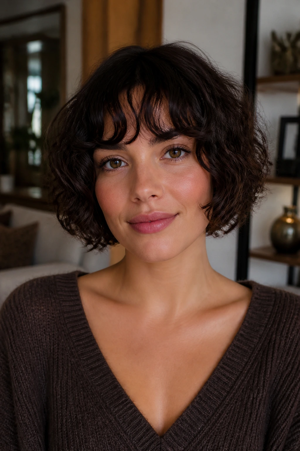 Close-up of a real person with a tapered fringe bob in a cozy living room