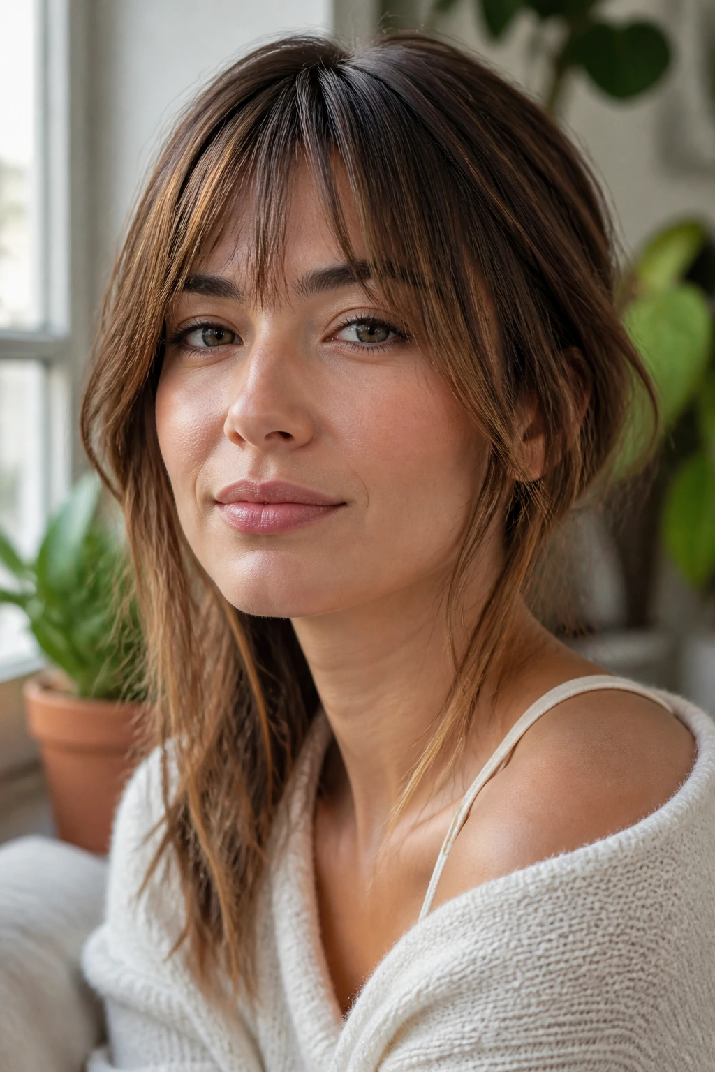 Close-up of a real woman with tapered fringe ending at the cheekbone in soft window light