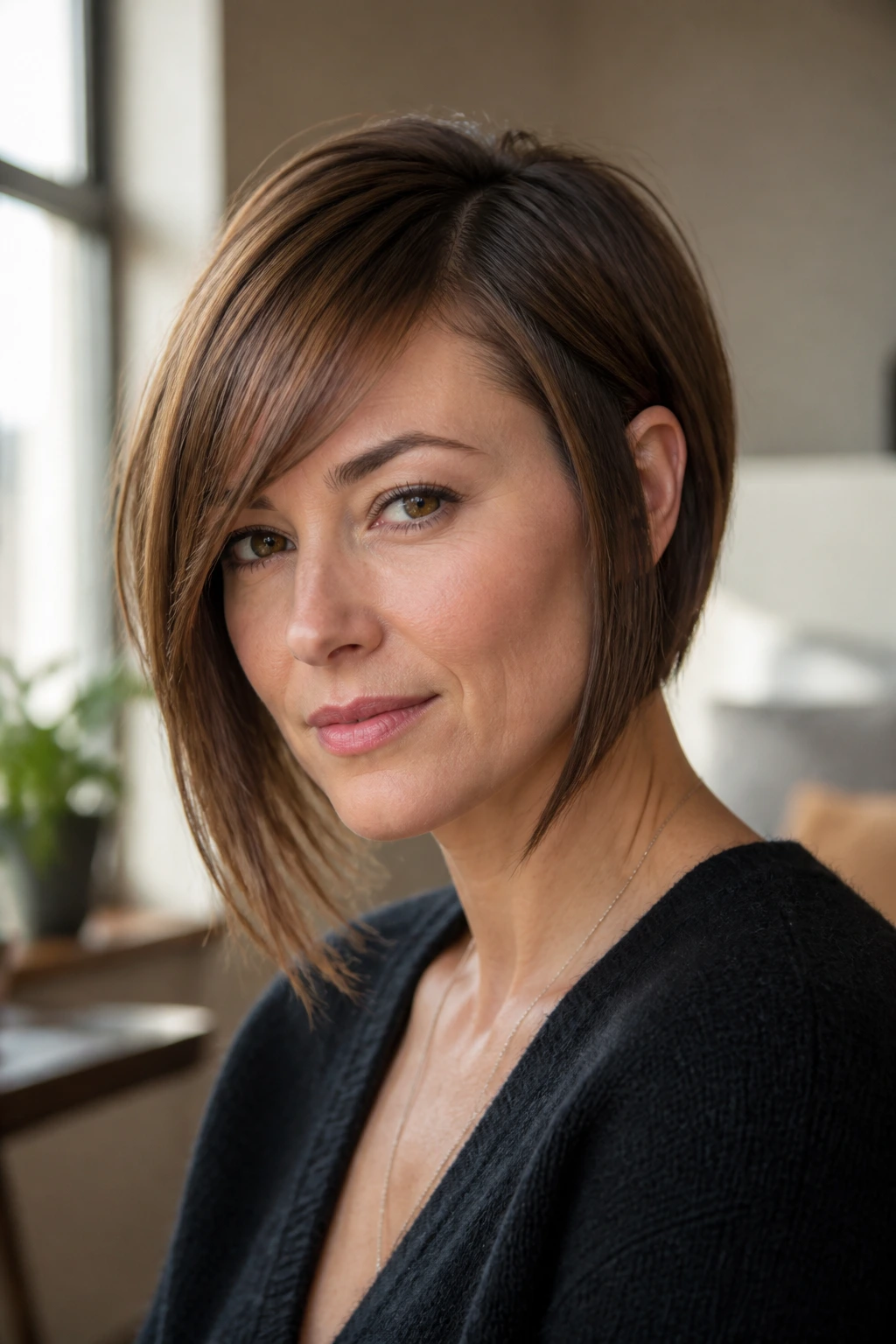 Real woman with tapered side fringe and chin-length pieces