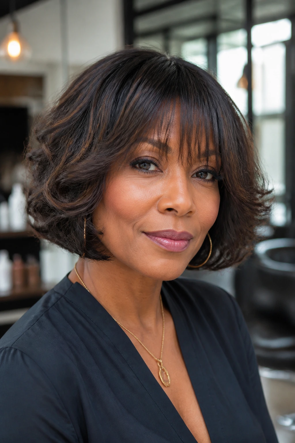 Close-up of a woman with tapered fringe and chin-length curled bob in warm salon light