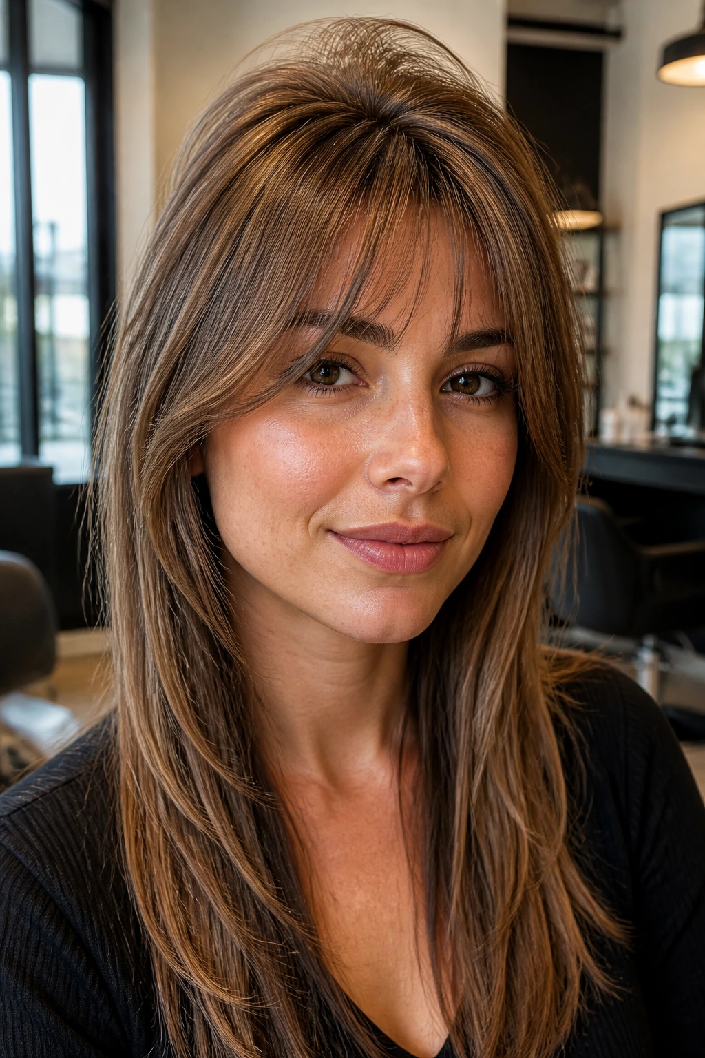 Close-up portrait of a real woman with tapered fringe and crown lift in a salon setting