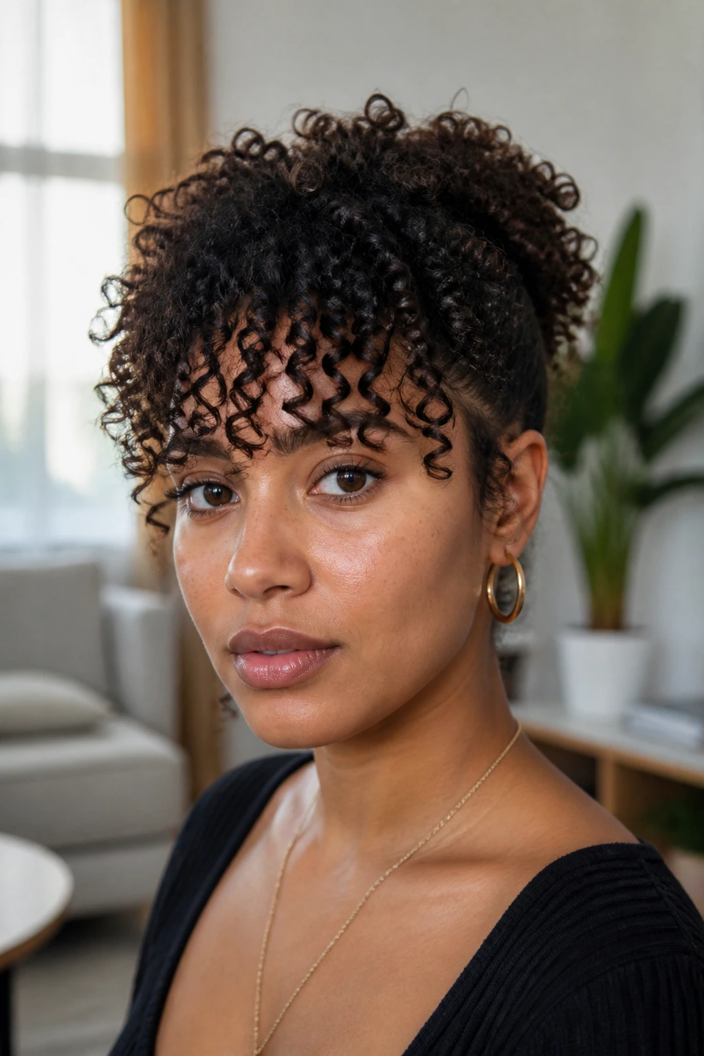 Close-up of a real woman with tapered coil fringe and sculpted sides on curly hair