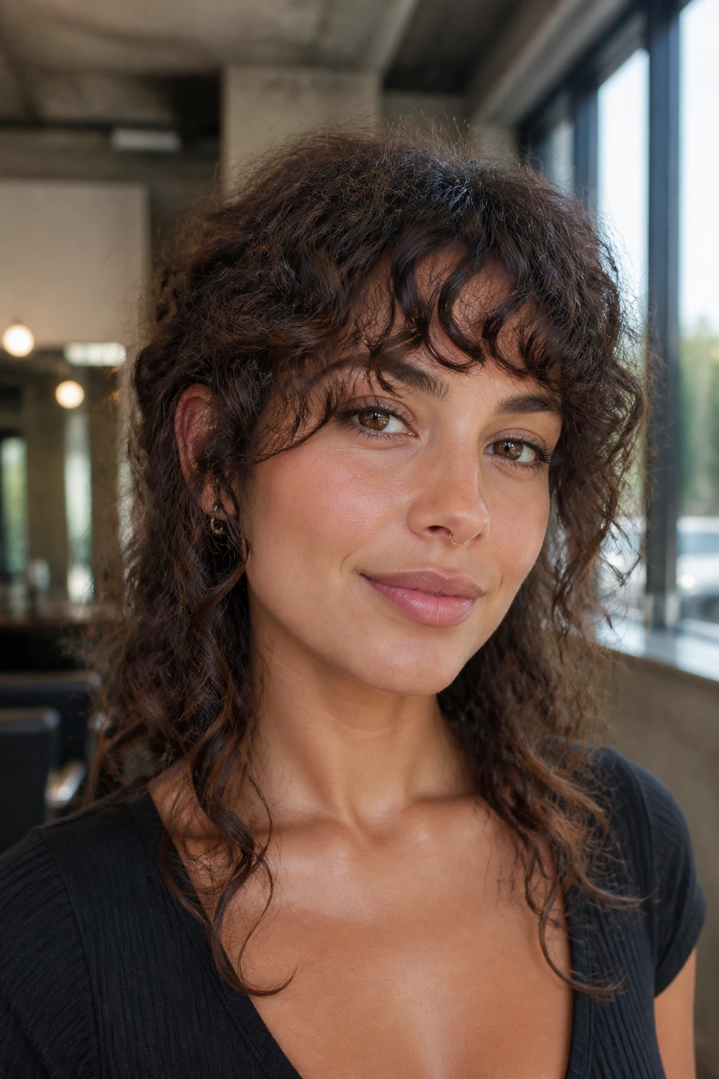 Woman with tapered fringe and longer sides on curly hair