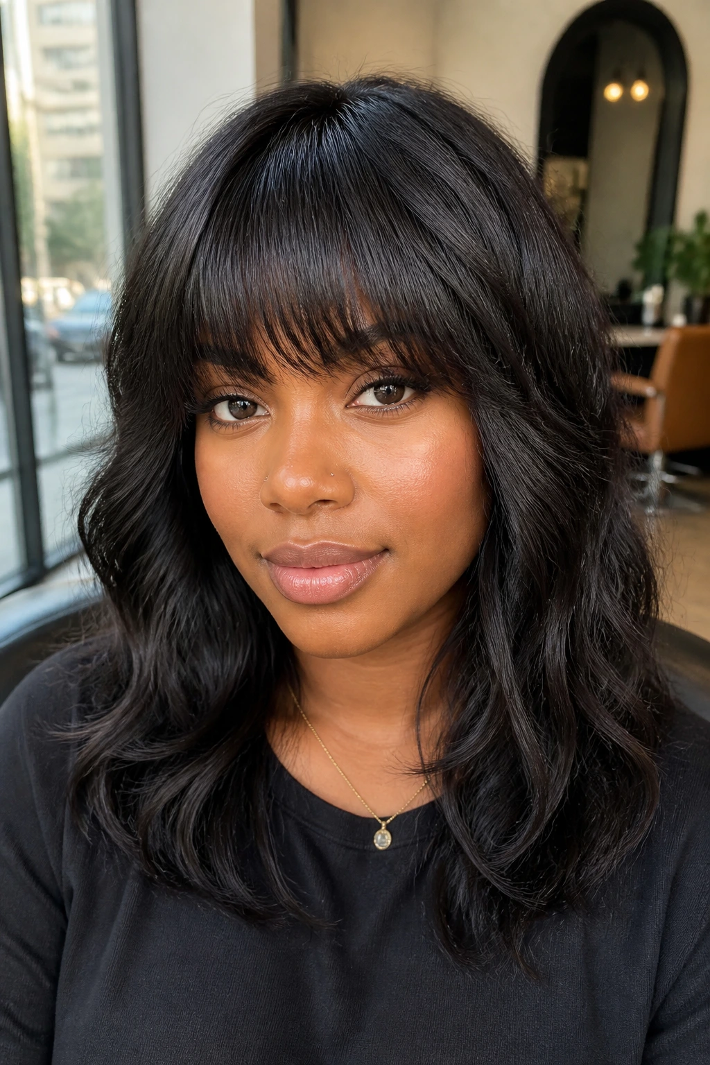 Close-up of a real Black woman with a tapered fringe on dense hair