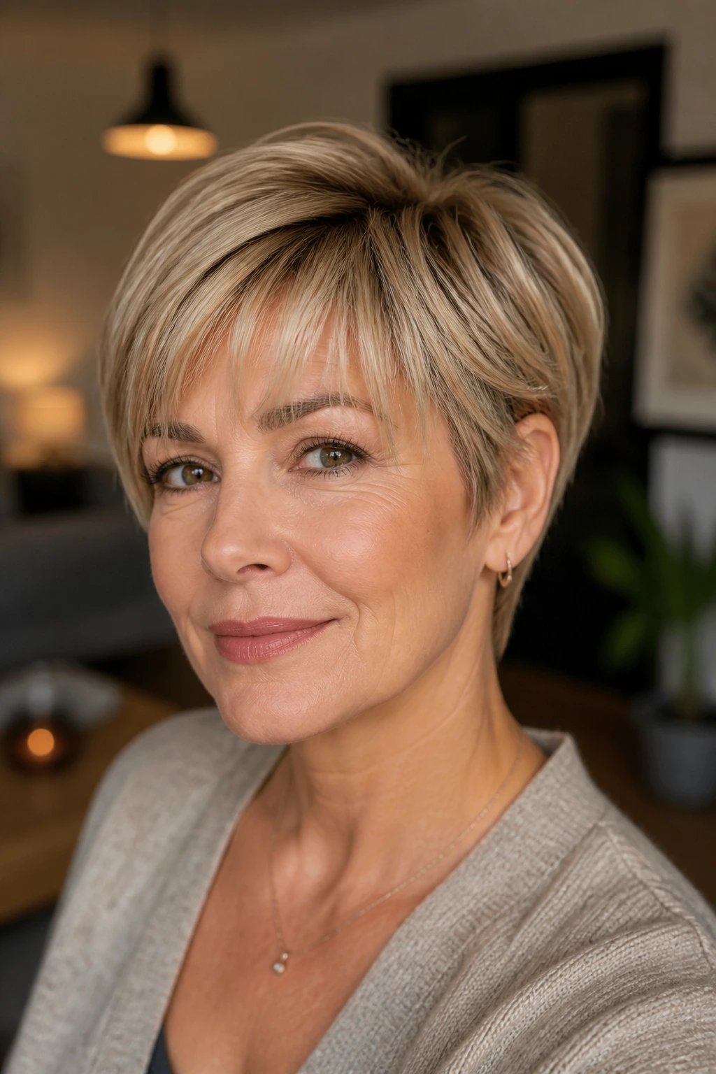 Close-up portrait of a real woman with tapered fringe on a pixie bob