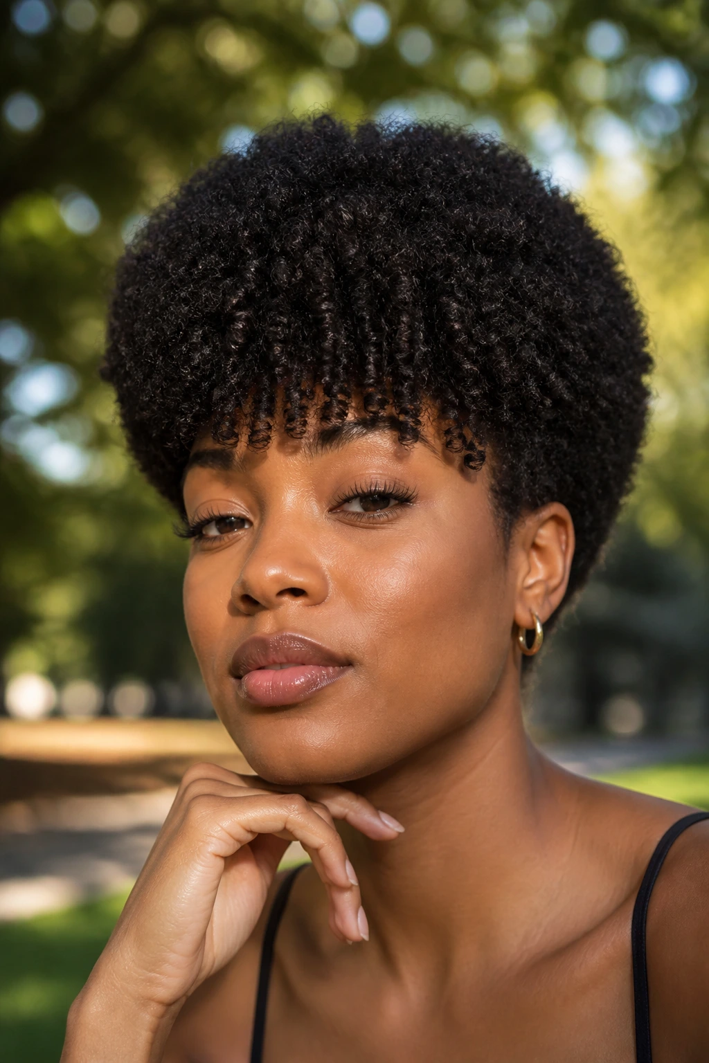 Close-up of a real person with a tapered fro and sculpted bangs in an outdoor park setting
