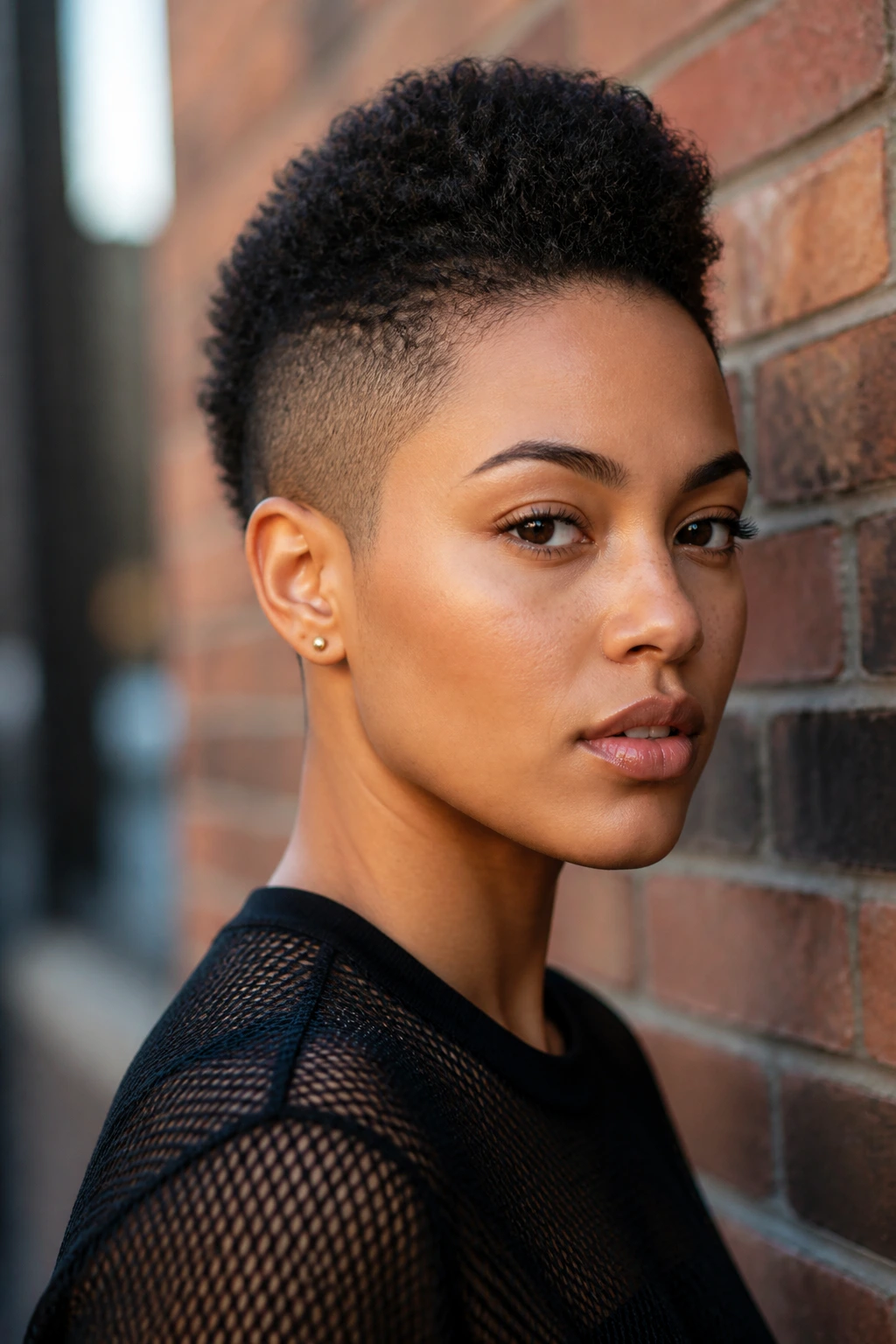 Close-up of a real person with a tapered frohawk and faded sides