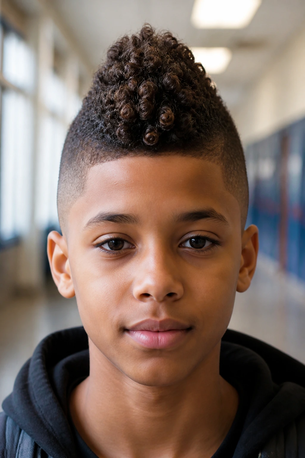 Close-up portrait of a boy with a tapered frohawk showing center ridge and tapered sides