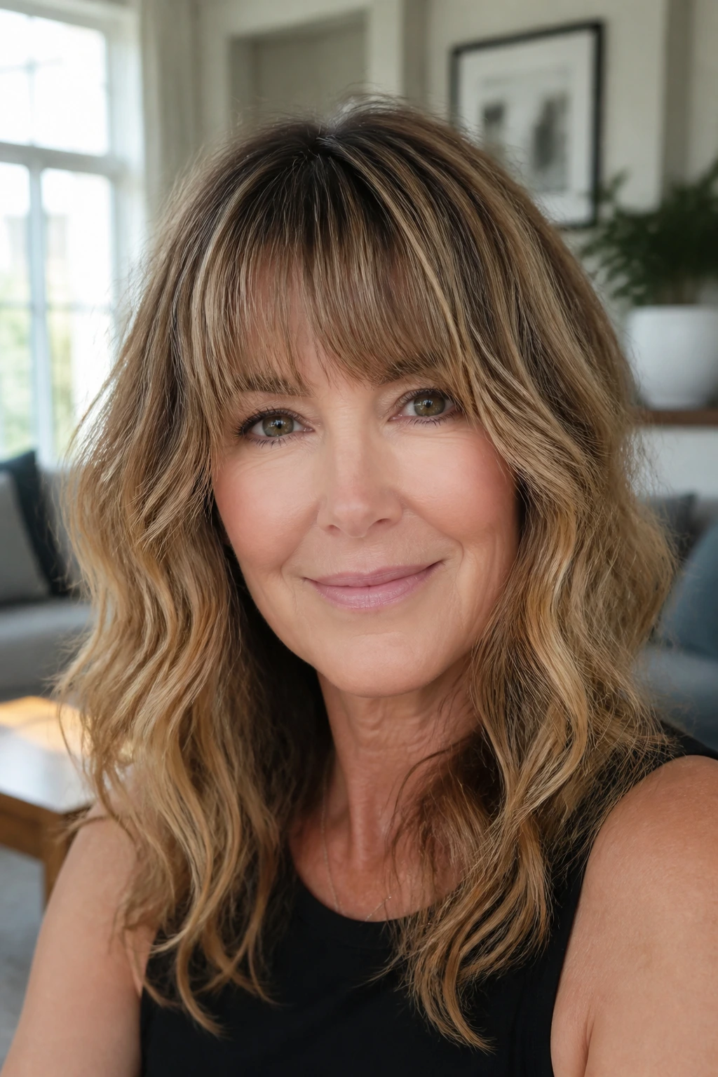 Close-up of a real woman with tapered full fringe in a bright room