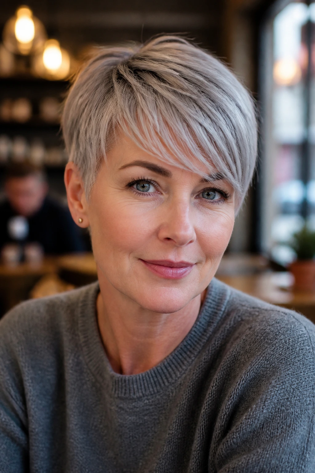 Close-up portrait of a real woman with a tapered grey fringe crop on pale skin