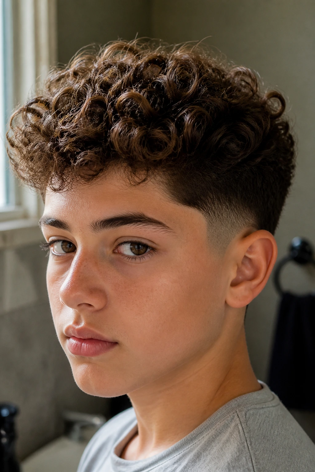 Close-up of a real boy with a tapered sides haircut and rounded top, showing a clean outline.