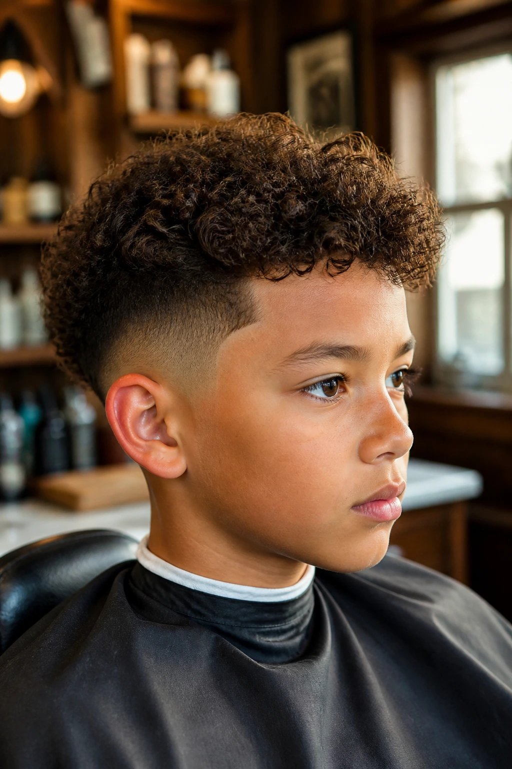 Close-up portrait of a boy with a tapered fade and curly top in a barbershop
