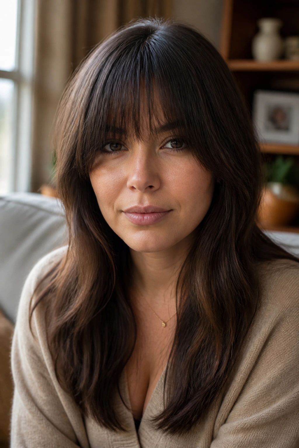 Close-up of a real woman wearing tapered heavy fringe with a soft edge.