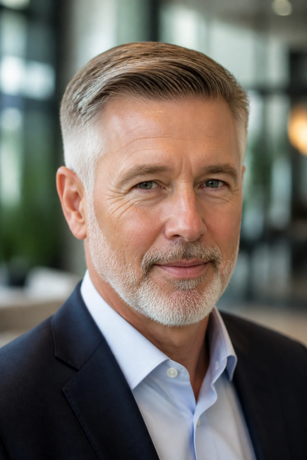 Man with tapered Ivy League haircut, top brushed to the side.