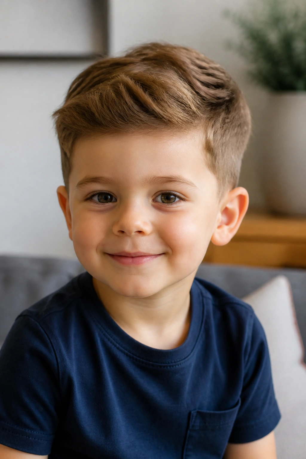 Toddler boy with a Tapered Ivy League haircut in a home living room setting