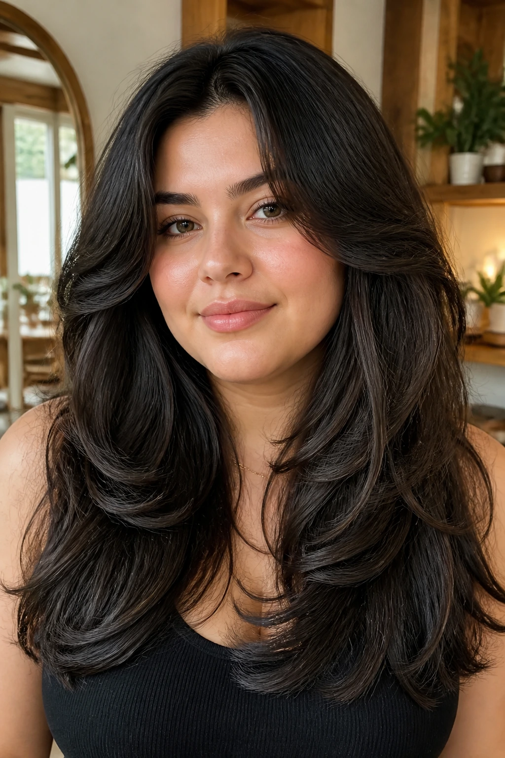 Close-up of tapered layers on dense hair softening jawline on a real person