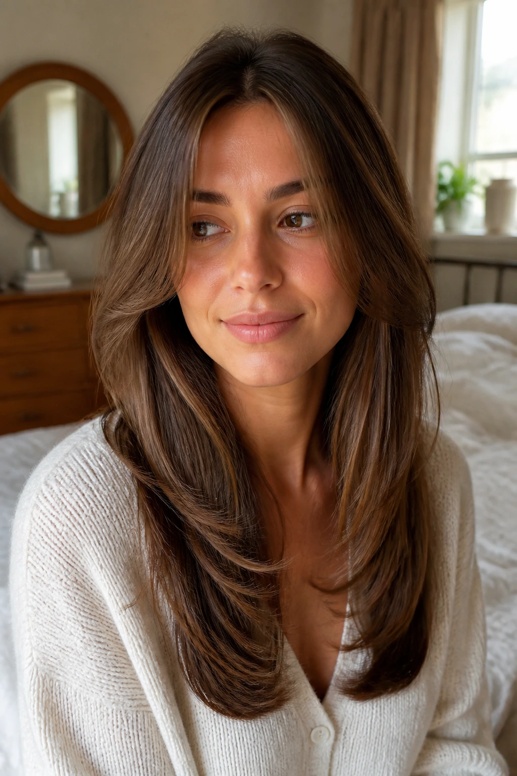 Close-up portrait of a woman with tapered layers and fuller ends in warm bedroom light