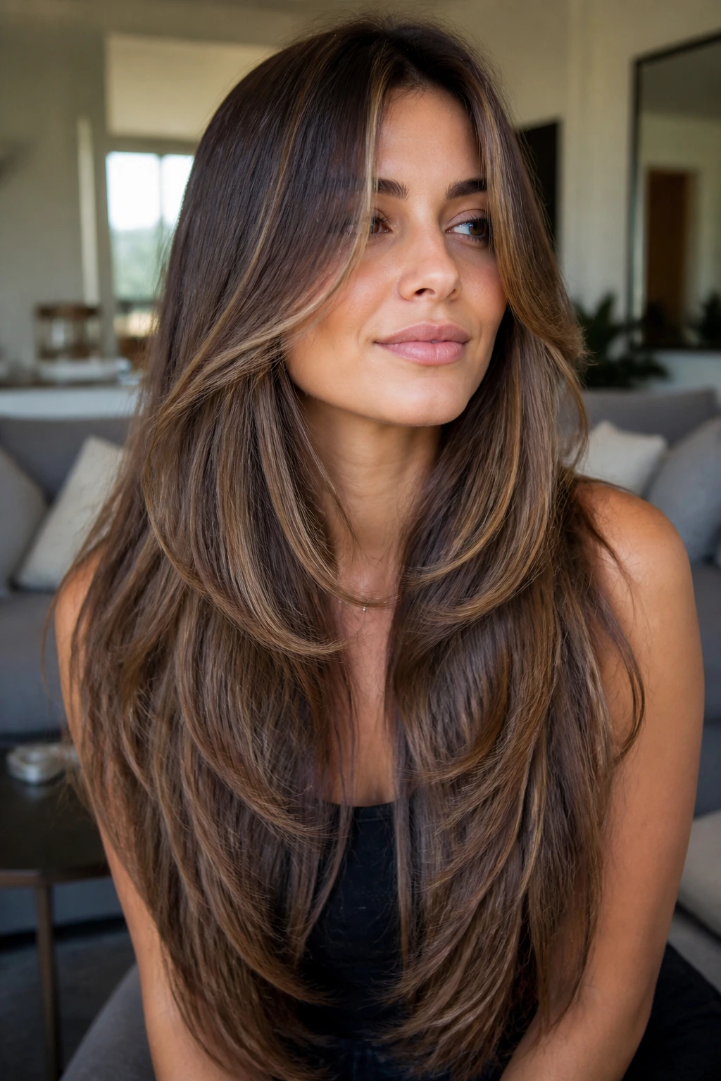 Close-up portrait of a woman with long hair featuring soft tapered layers around the face
