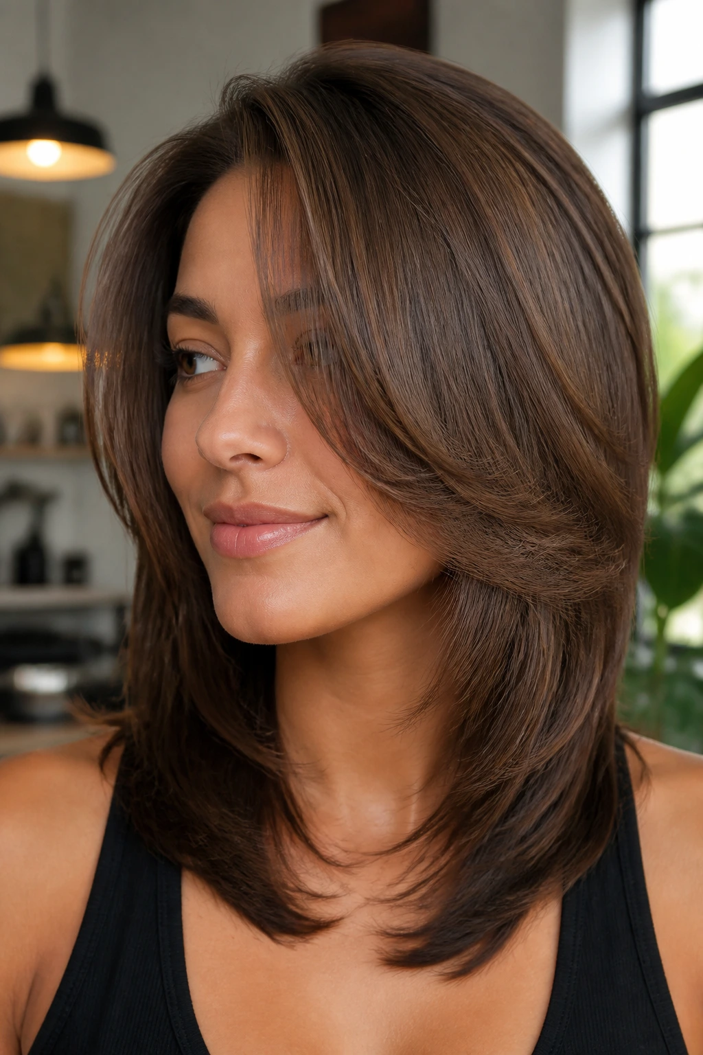 Portrait of a real person with tapered layers and a polished finish