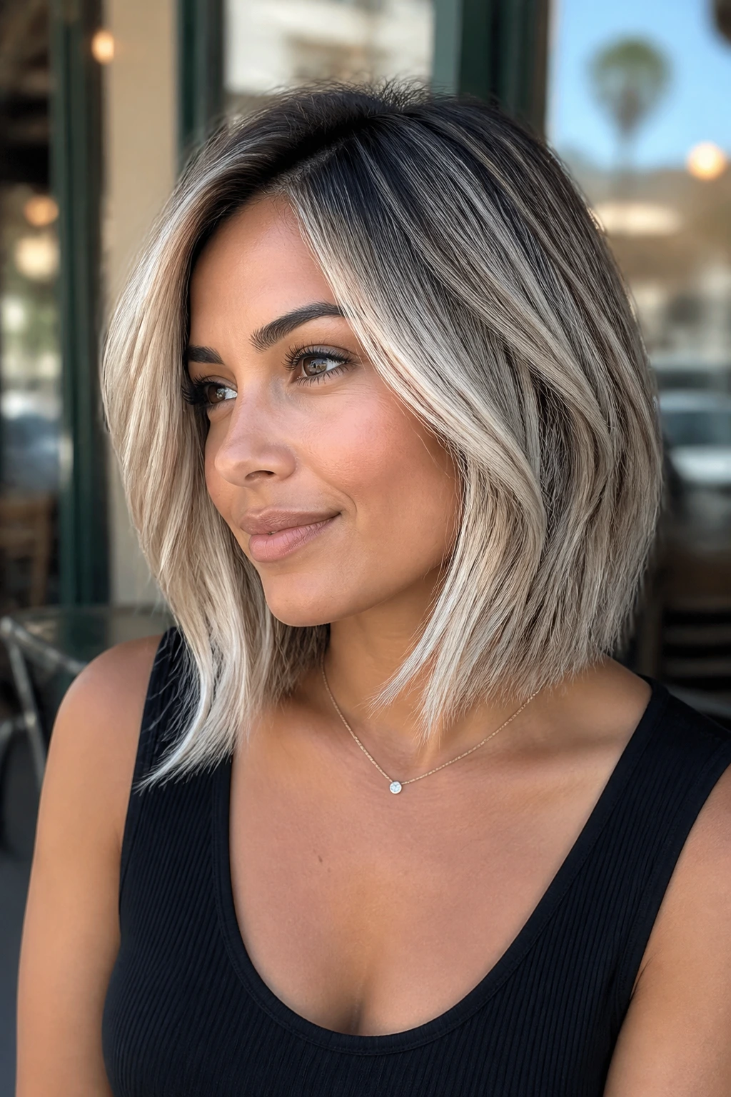 Close-up of a real woman with a tapered lob and Arctic highlights in bright daylight