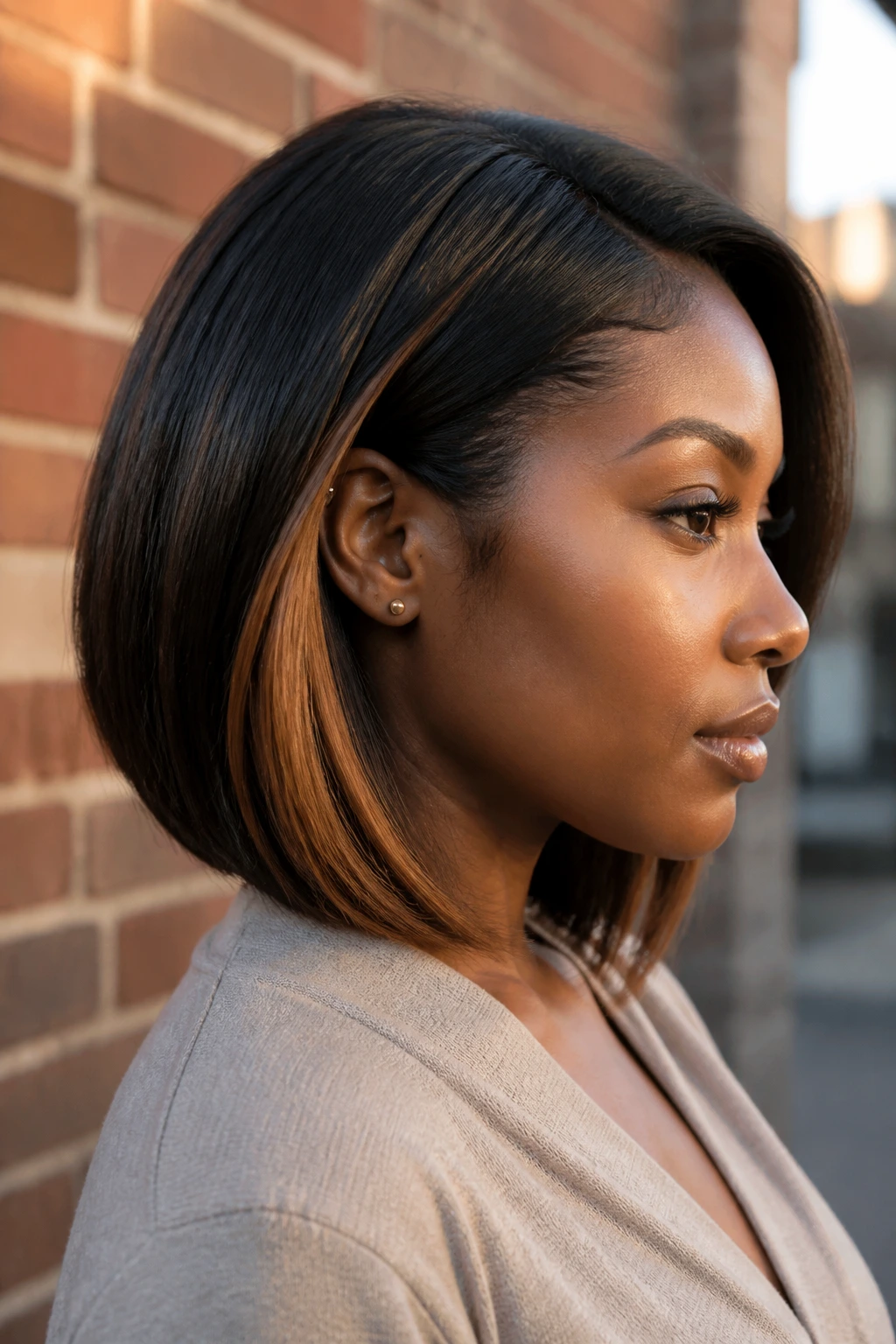 Side-profile of real woman with tapered lob and bronze peekaboo streaks.