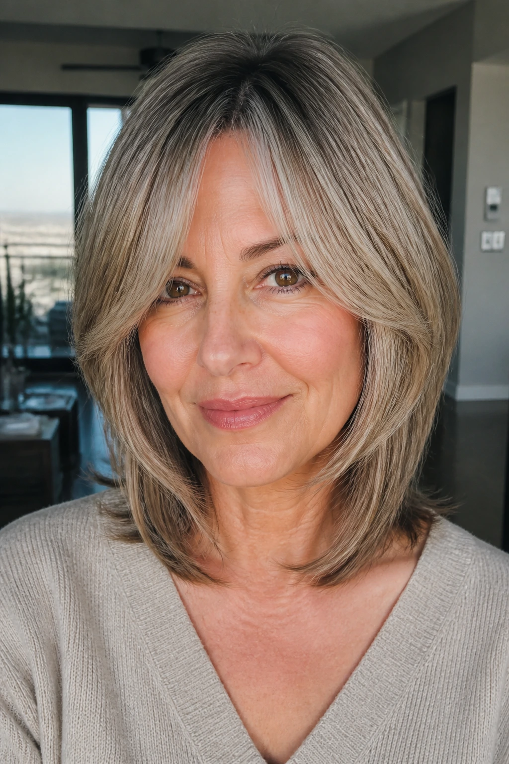 Real woman with tapered lob and face-framing layers, curtain bangs.
