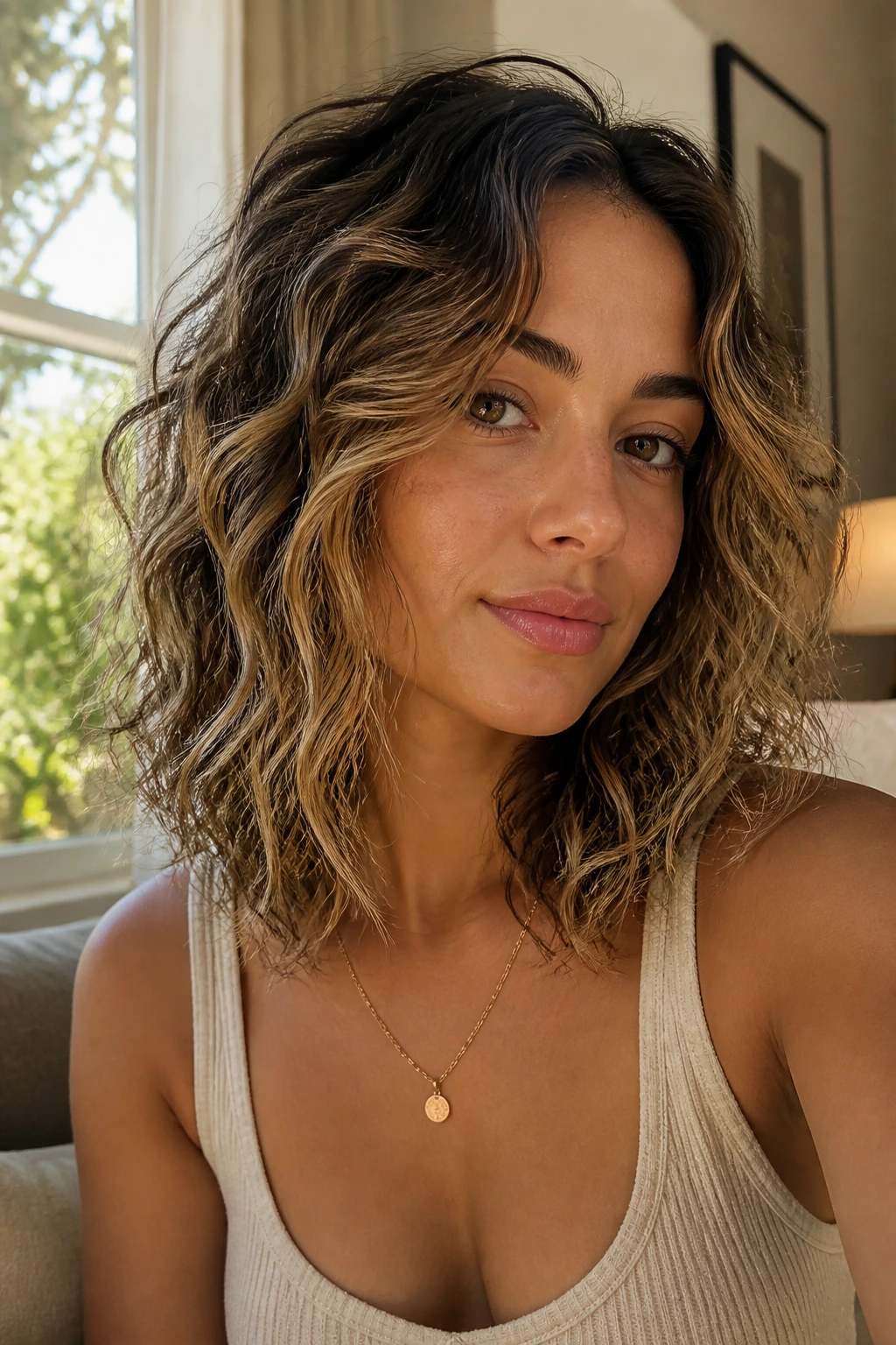 Close-up portrait of a real woman with a tapered lob and feathered front layers, beachy waves