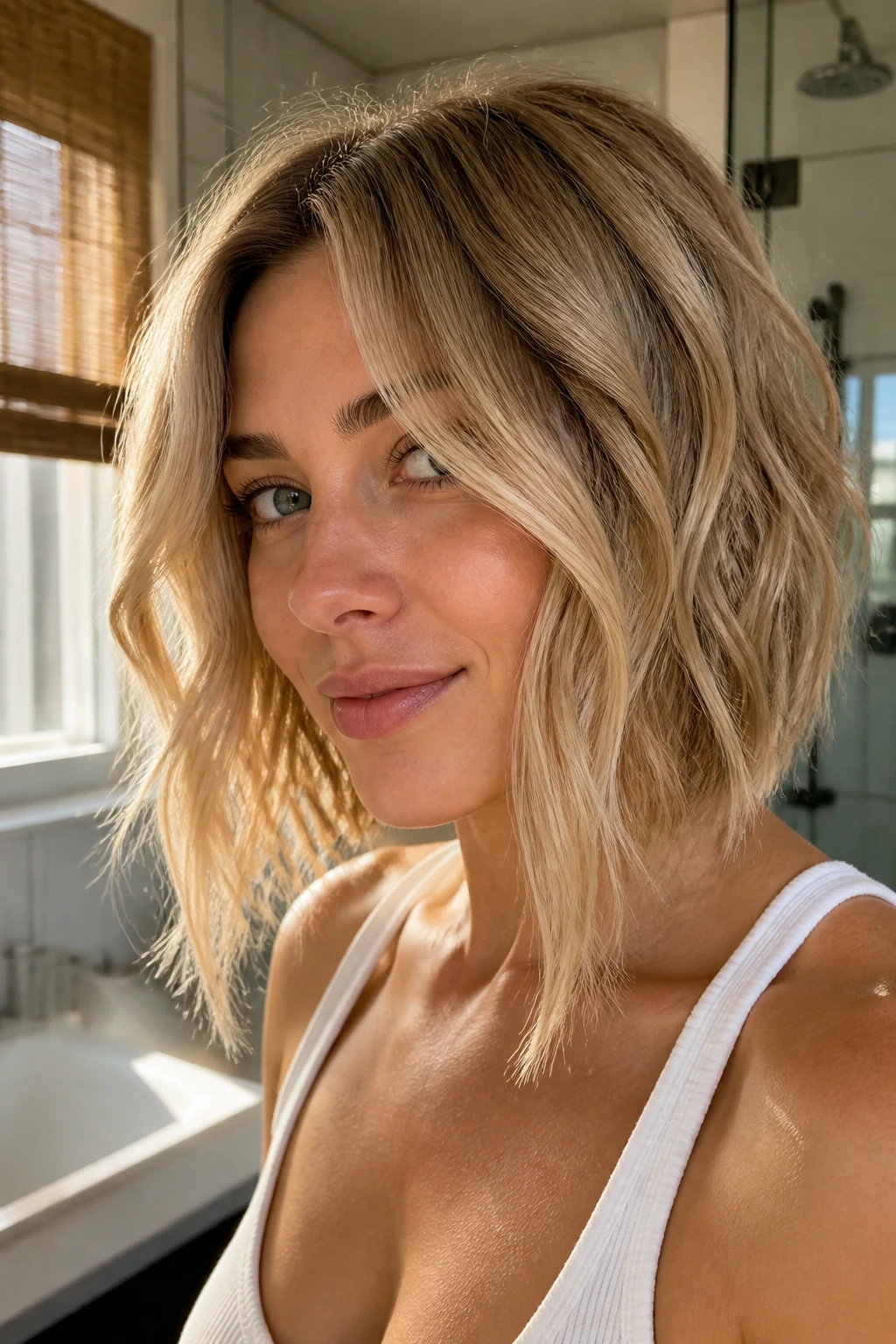 Close-up portrait of a real woman with tapered lob and long front pieces in morning light.