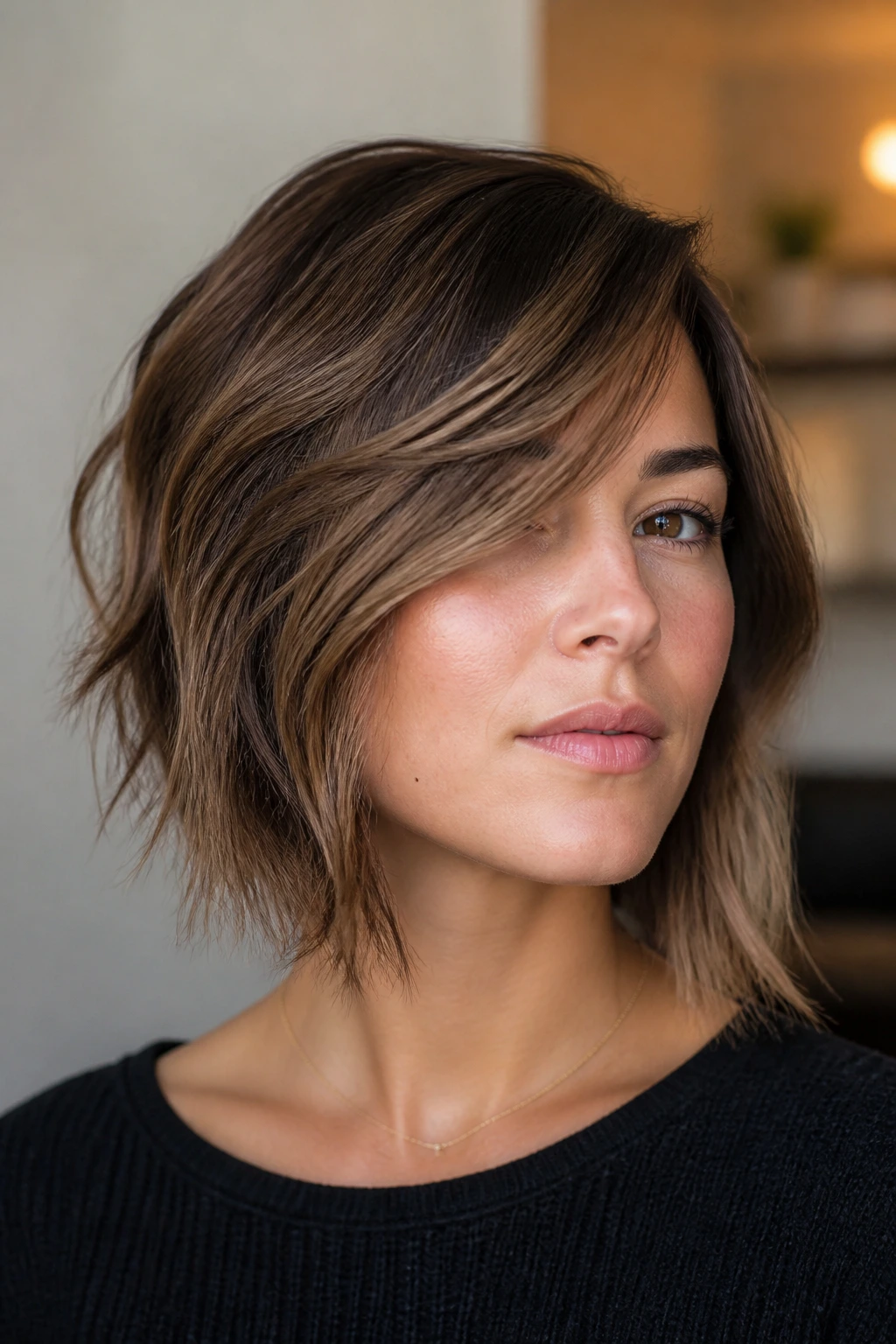 Real woman with tapered back and side-swept fringe on a wavy lob.