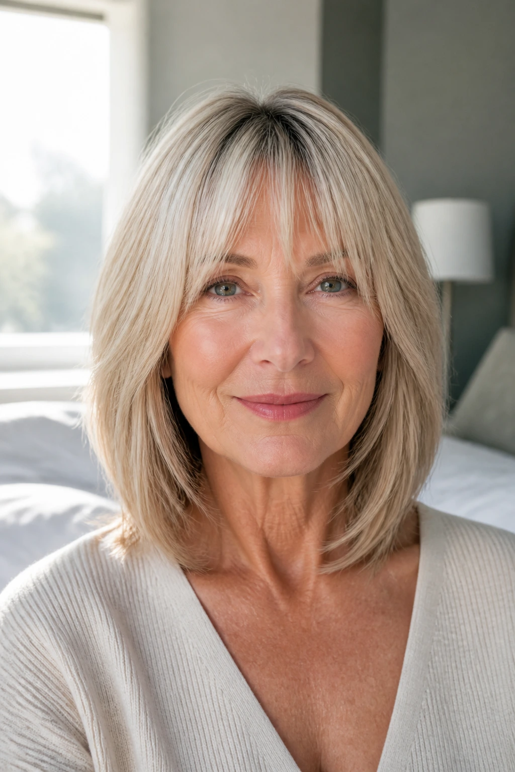 Real woman with tapered midi and light fringe, window-lit portrait