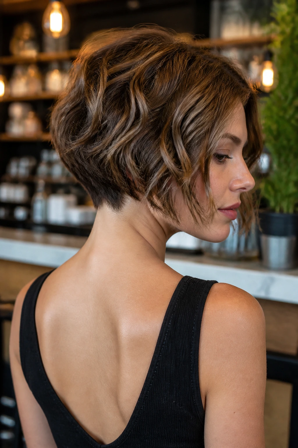 Back-three-quarter view of a real woman with a tapered nape bob and soft front length.